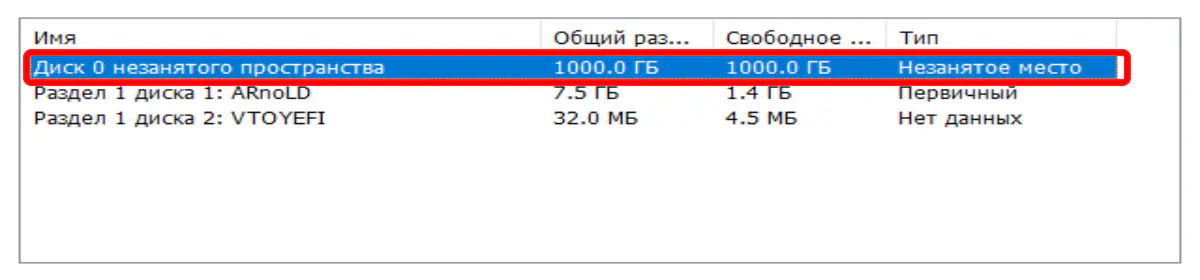 Выделено незанятое пространство